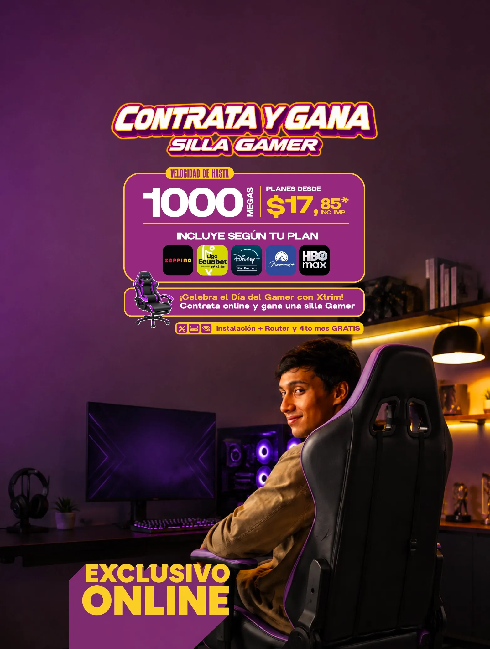 Celebra el Día del Gamer con Xtrim. Contrata cualquier plan en línea y participa por una silla gamer. Sorteo Día del Gamer Xtrim: contrata en línea y participa por una silla gamer