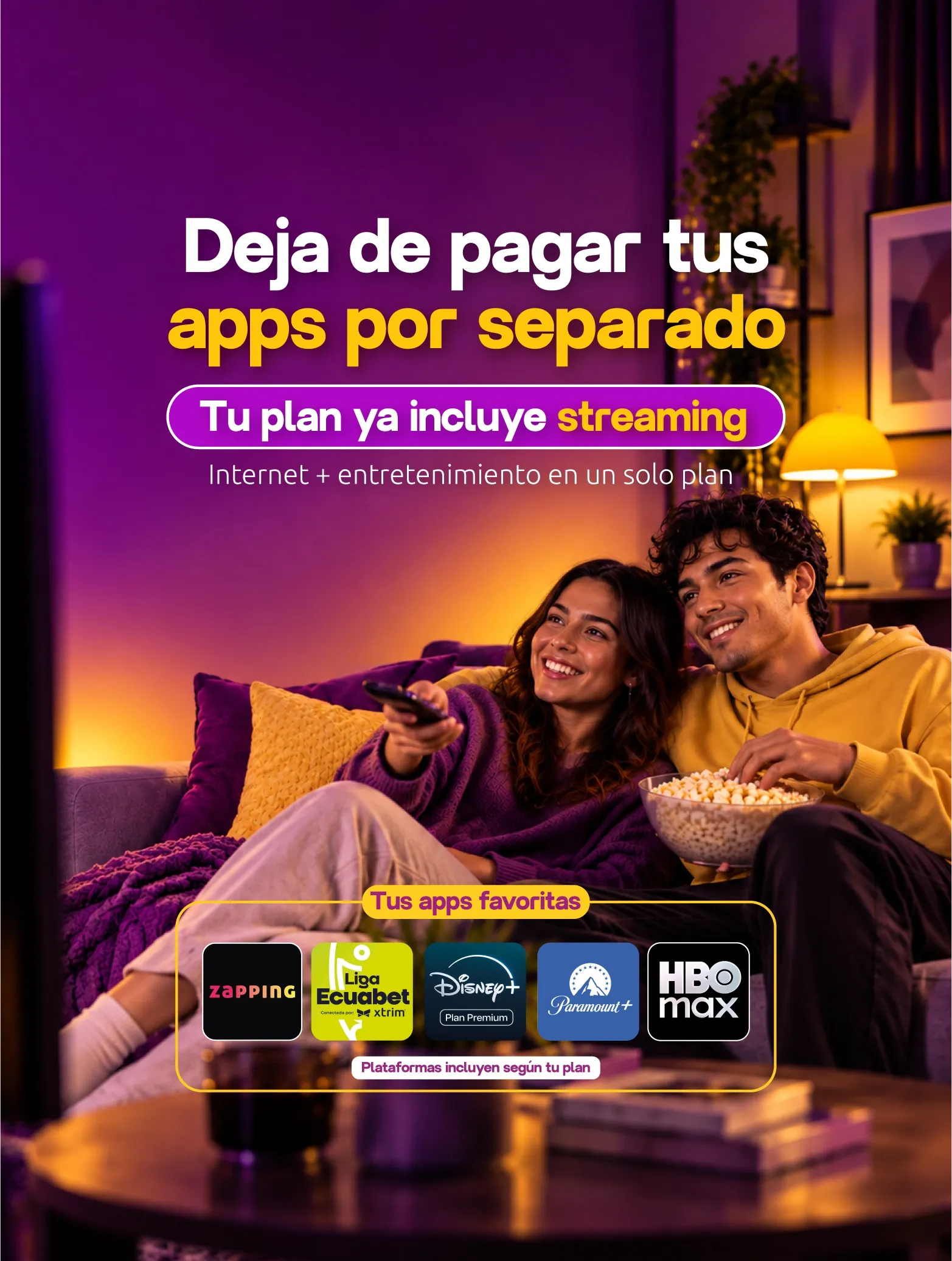 Internet + entretenimiento en un solo plan con plataformas incluidas según tu plan. Plan de internet Xtrim con apps de streaming incluidas en un solo plan para disfrutar más y pagar menos.