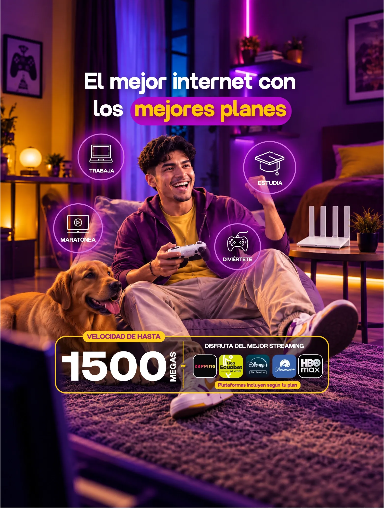 Planes de internet Xtrim de hasta 1500 Megas para tu hogar. Planes Xtrim de hasta 1500 Megas con streaming incluido según el plan.