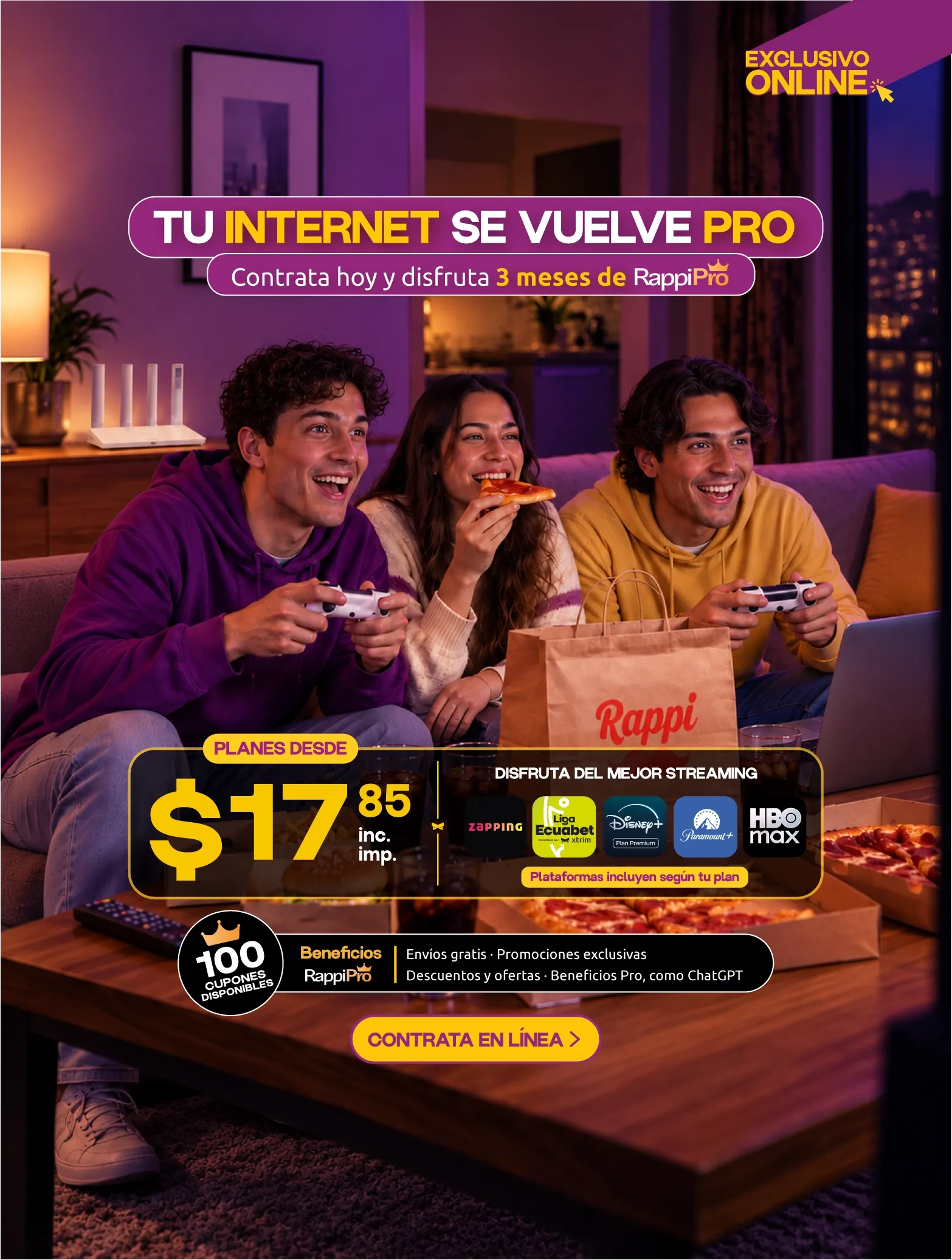 Planes de internet Xtrim con beneficio de Rappi Pro para contrataciones online. Contrata internet Xtrim online y participa por 100 cuentas de 3 meses de Rappi Pro.